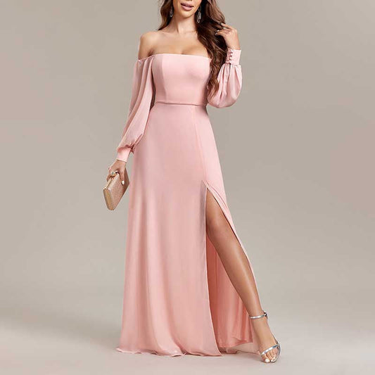 Pink Long Sleeves Prom Dress Off The Shoulder Evening Dress Long Maxi Dress