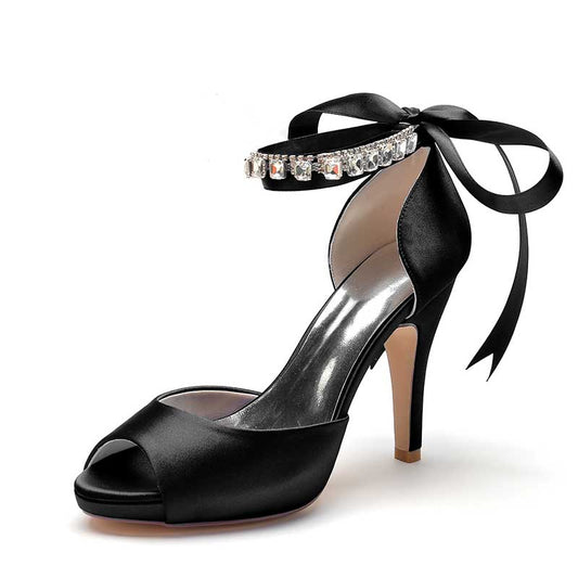 3.94" Satin Pumps Lace-Up Peep Platform Wedding Shoes With Beads