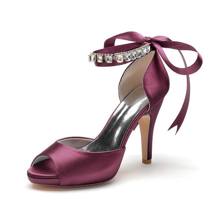3.94" Satin Pumps Lace-Up Peep Platform Wedding Shoes With Beads