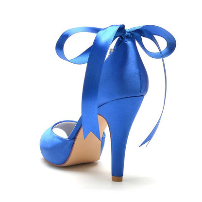 3.94" Satin Pumps Lace-Up Peep Platform Wedding Shoes With Beads