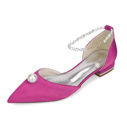 Satin Wedding Flat Point Toe Bridal Shoes Pearls Detail Ankle Straps Shoes