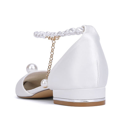 Satin Wedding Flat Point Toe Bridal Shoes Pearls Detail Ankle Straps Shoes