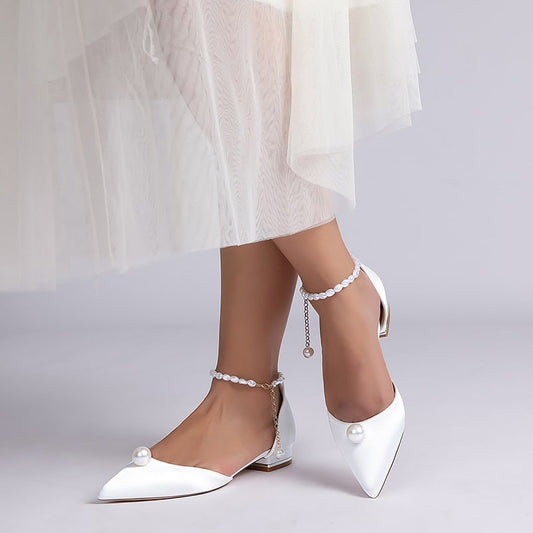 Satin Wedding Flat Point Toe Bridal Shoes Pearls Detail Ankle Straps Shoes
