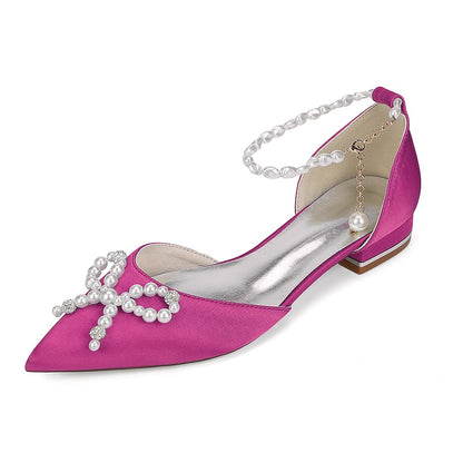 Satin Wedding Flat Bridal Shoes Pearls Detail Ankle Straps Bow-knot Shoes