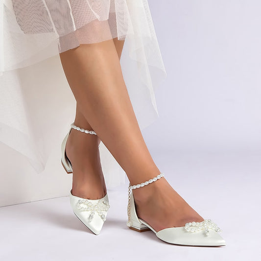 Satin Wedding Flat Bridal Shoes Pearls Detail Ankle Straps Bow-knot Shoes