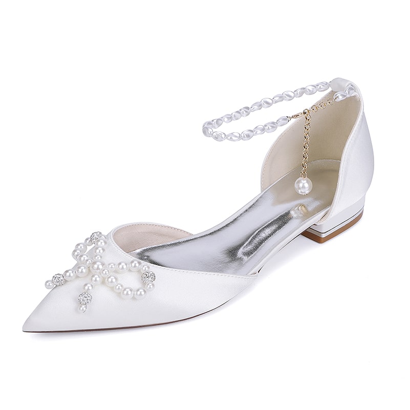 Satin Wedding Flat Bridal Shoes Pearls Detail Ankle Straps Bow-knot Shoes