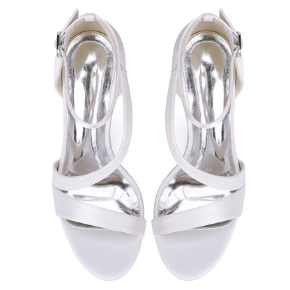 Satin Wedding Sandals Heeled Bridal Shoes Ankle Straps Prom Shoes