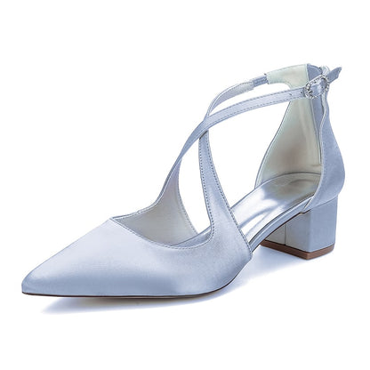 Satin Wedding Shoes Block Heel Bridal Heels Crossing Straps Dress Shoes