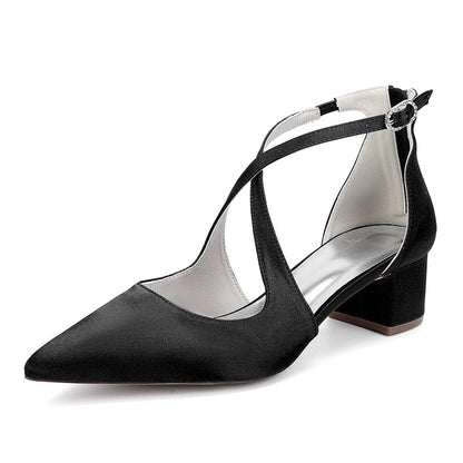 Satin Wedding Shoes Block Heel Bridal Heels Crossing Straps Dress Shoes