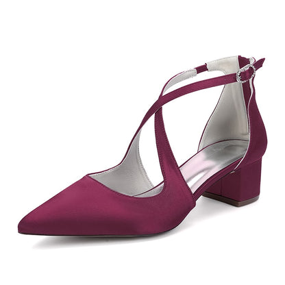 Satin Wedding Shoes Block Heel Bridal Heels Crossing Straps Dress Shoes