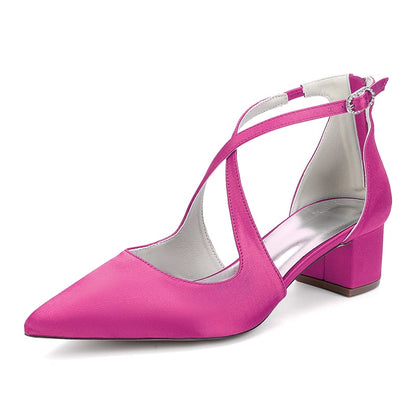 Satin Wedding Shoes Block Heel Bridal Heels Crossing Straps Dress Shoes