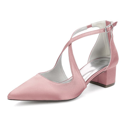 Satin Wedding Shoes Block Heel Bridal Heels Crossing Straps Dress Shoes