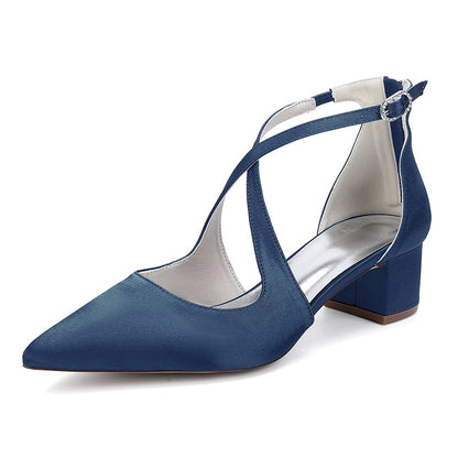 Satin Wedding Shoes Block Heel Bridal Heels Crossing Straps Dress Shoes