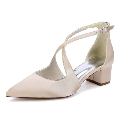 Satin Wedding Shoes Block Heel Bridal Heels Crossing Straps Dress Shoes