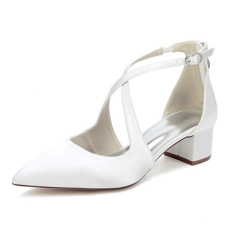Satin Wedding Shoes Block Heel Bridal Heels Crossing Straps Dress Shoes