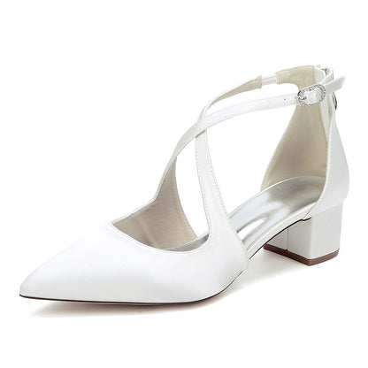 Satin Wedding Shoes Block Heel Bridal Heels Crossing Straps Dress Shoes