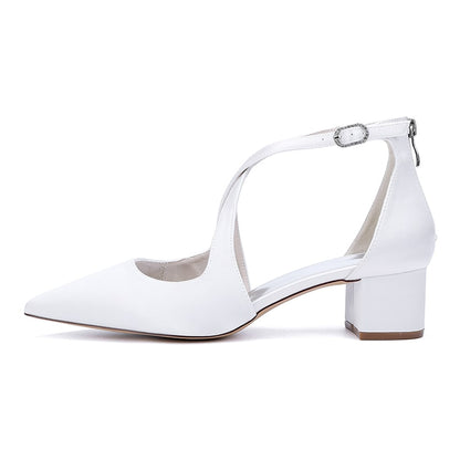 Satin Wedding Shoes Block Heel Bridal Heels Crossing Straps Dress Shoes