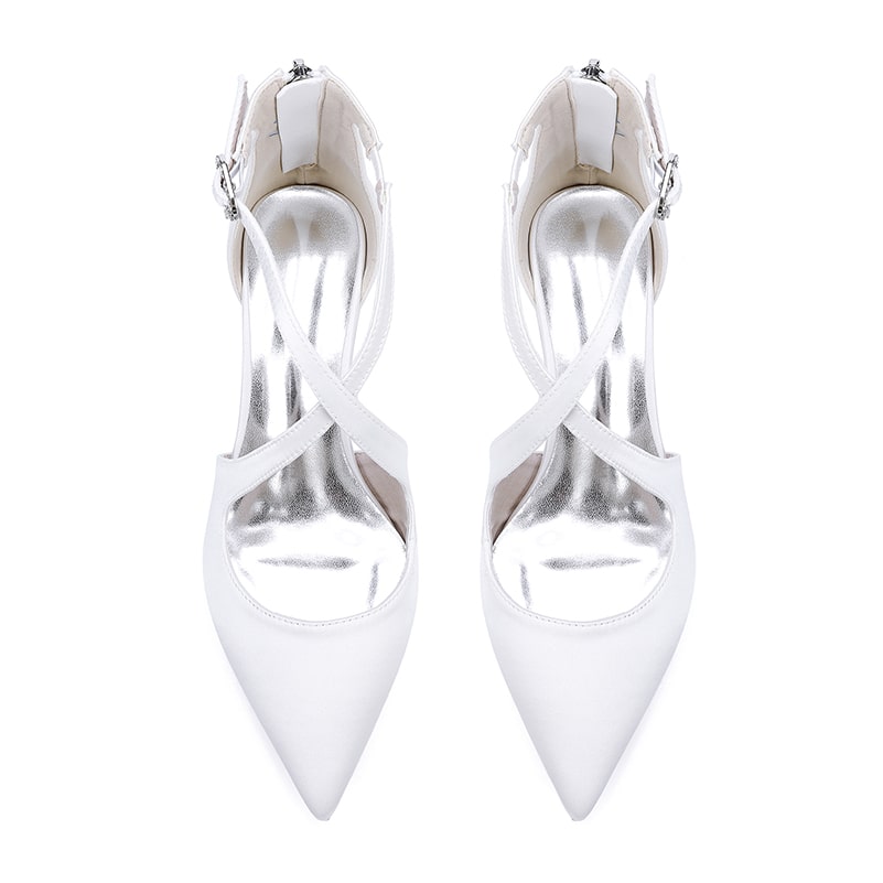 Satin Wedding Shoes Block Heel Bridal Heels Crossing Straps Dress Shoes