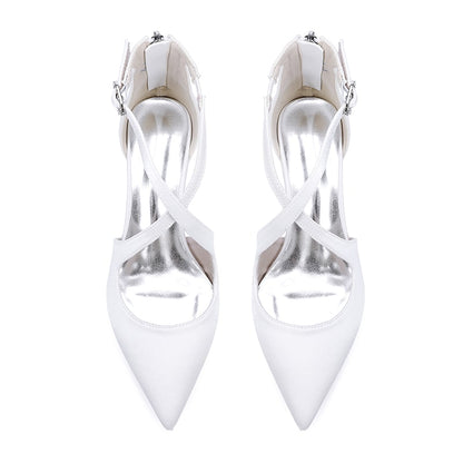 Satin Wedding Shoes Block Heel Bridal Heels Crossing Straps Dress Shoes