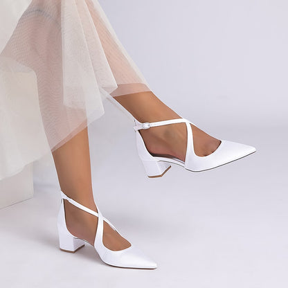 Satin Wedding Shoes Block Heel Bridal Heels Crossing Straps Dress Shoes