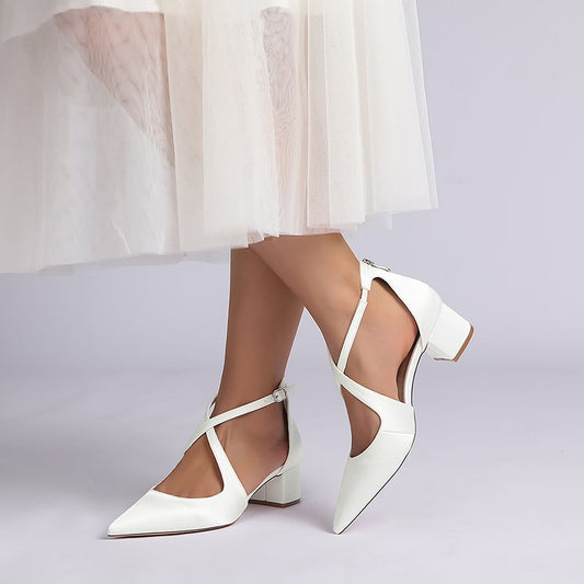 Satin Wedding Shoes Block Heel Bridal Heels Crossing Straps Dress Shoes