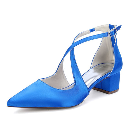 Satin Wedding Shoes Block Heel Bridal Heels Crossing Straps Dress Shoes