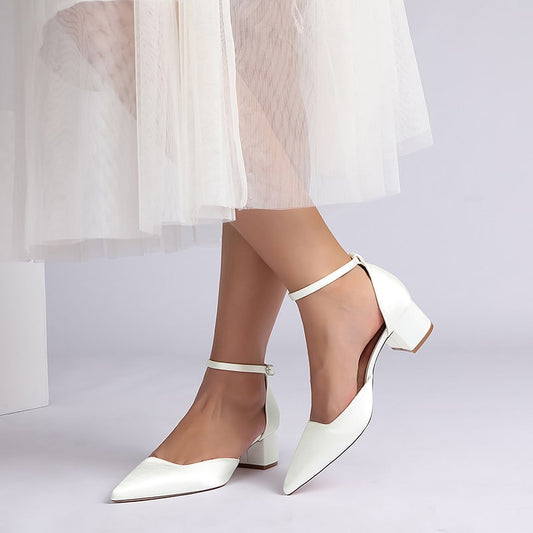 Satin Wedding Shoes Chunky Heel Bridal Heels Ankle Strap Dress Shoes