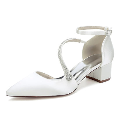 Satin Wedding Shoes Chunky Heel Bridal Heels Crossing Straps Dress Shoes