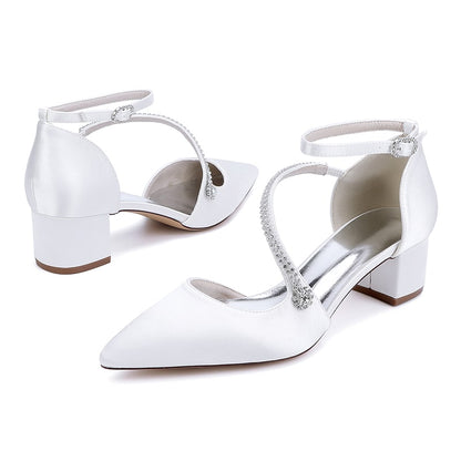 Satin Wedding Shoes Chunky Heel Bridal Heels Crossing Straps Dress Shoes