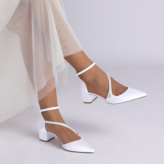 Satin Wedding Shoes Chunky Heel Bridal Heels Crossing Straps Dress Shoes