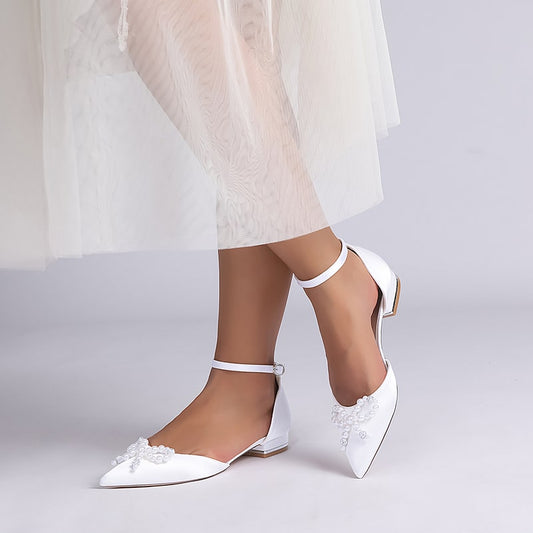 Satin Wedding Flat Bridal Shoes Bow-knot Ankle Straps Shoes