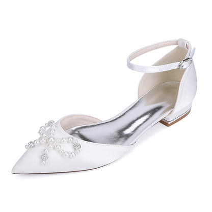 Satin Wedding Flat Bridal Shoes Bow-knot Ankle Straps Shoes