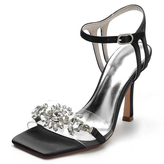 3.74" Satin Wedding Shoes Open Toe Stiletto Prom Sandals With Rhinestones