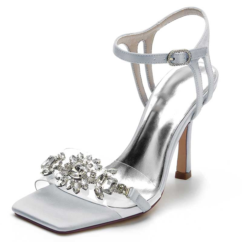 3.74" Satin Wedding Shoes Open Toe Stiletto Prom Sandals With Rhinestones