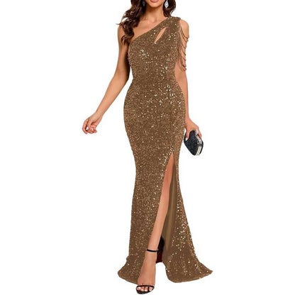 Sexy One Shoulder Sequin Prom Gown High Slit, Custom Tailored & Bodycon Fit