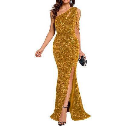 Sexy One Shoulder Sequin Prom Gown High Slit, Custom Tailored & Bodycon Fit