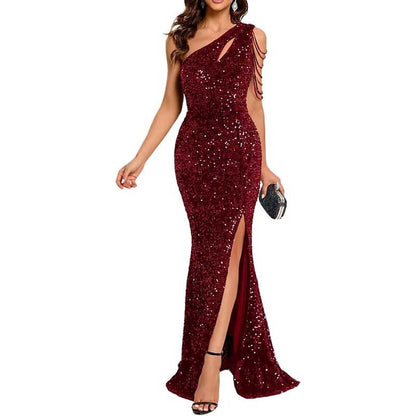 Sexy One Shoulder Sequin Prom Gown High Slit, Custom Tailored & Bodycon Fit