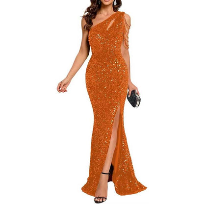 Sexy One Shoulder Sequin Prom Gown High Slit, Custom Tailored & Bodycon Fit