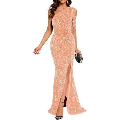 Sexy One Shoulder Sequin Prom Gown High Slit, Custom Tailored & Bodycon Fit