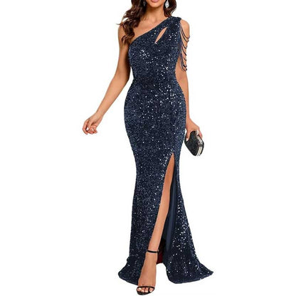 Sexy One Shoulder Sequin Prom Gown High Slit, Custom Tailored & Bodycon Fit