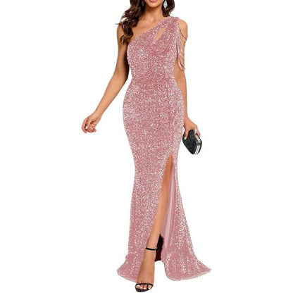 Sexy One Shoulder Sequin Prom Gown High Slit, Custom Tailored & Bodycon Fit