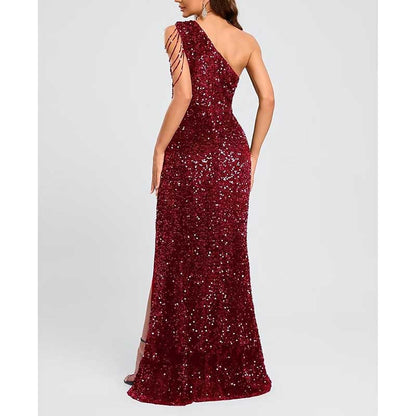 Sexy One Shoulder Sequin Prom Gown High Slit, Custom Tailored & Bodycon Fit