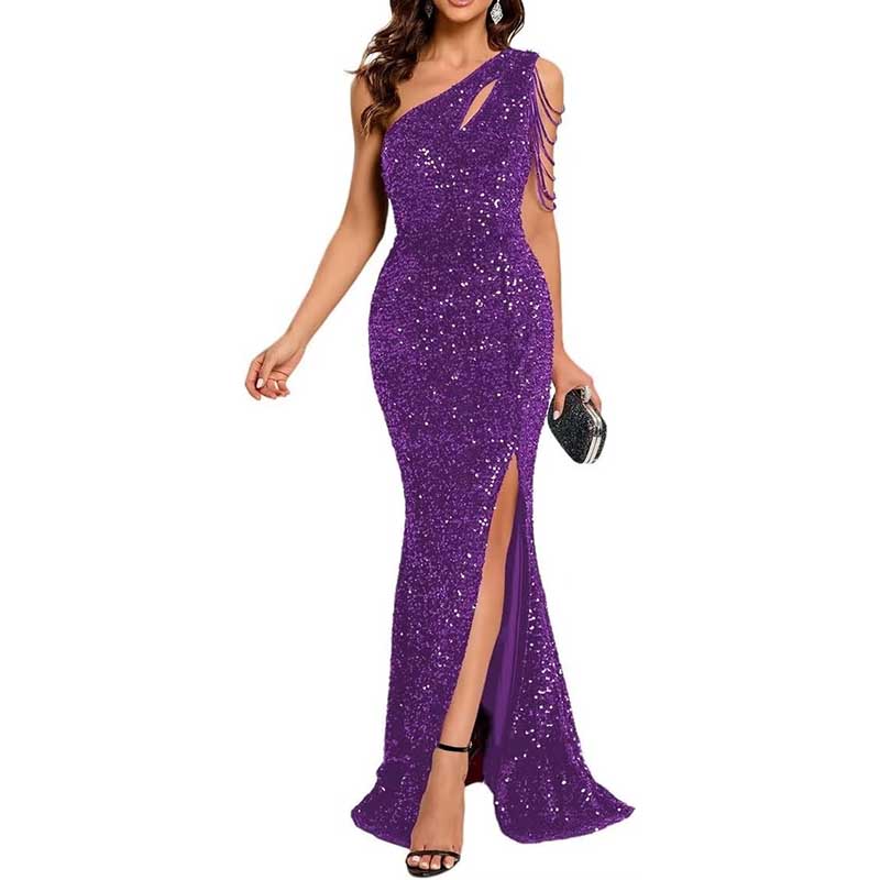 Sexy One Shoulder Sequin Prom Gown High Slit, Custom Tailored & Bodycon Fit