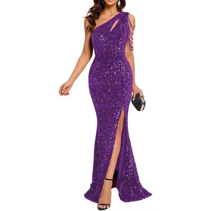Sexy One Shoulder Sequin Prom Gown High Slit, Custom Tailored & Bodycon Fit