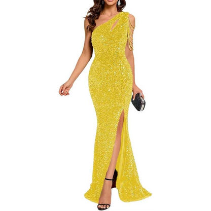 Sexy One Shoulder Sequin Prom Gown High Slit, Custom Tailored & Bodycon Fit