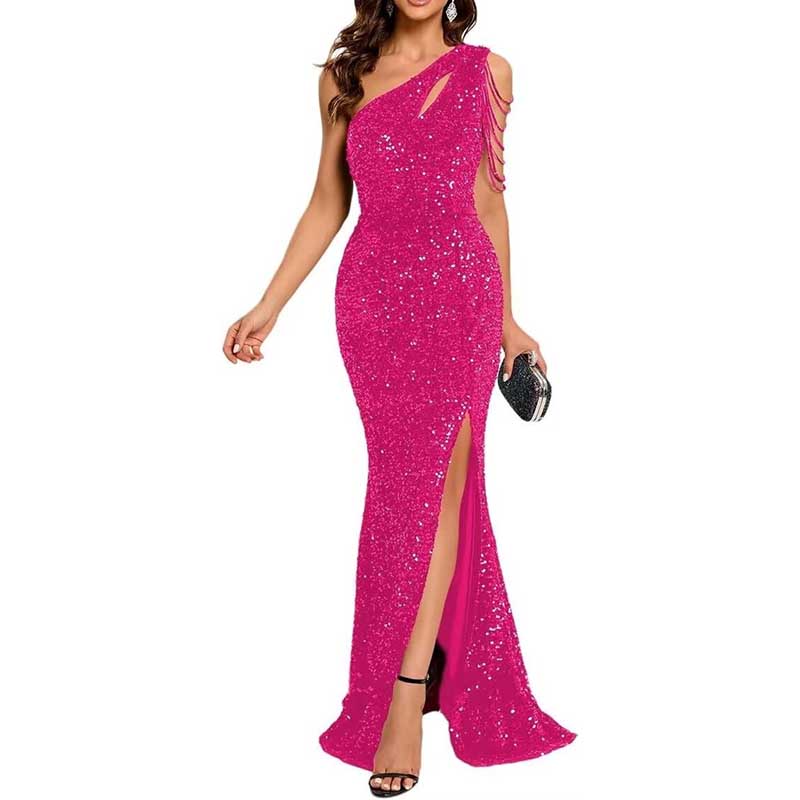 Sexy One Shoulder Sequin Prom Gown High Slit, Custom Tailored & Bodycon Fit