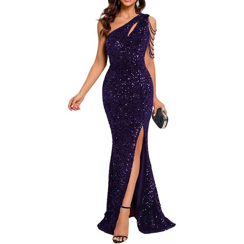 Sexy One Shoulder Sequin Prom Gown High Slit, Custom Tailored & Bodycon Fit