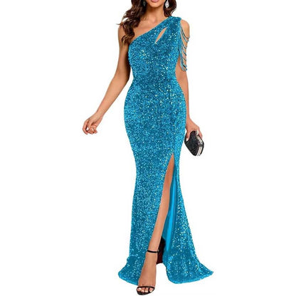 Sexy One Shoulder Sequin Prom Gown High Slit, Custom Tailored & Bodycon Fit