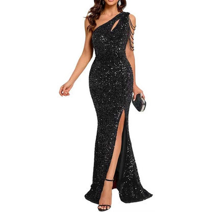Sexy One Shoulder Sequin Prom Gown High Slit, Custom Tailored & Bodycon Fit