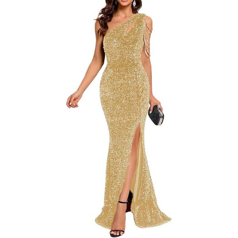 Sexy One Shoulder Sequin Prom Gown High Slit, Custom Tailored & Bodycon Fit